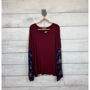 Haptics Plus Size Maroon Ribbed Knit Navy Paisley Sleeve Blouse Size 3X